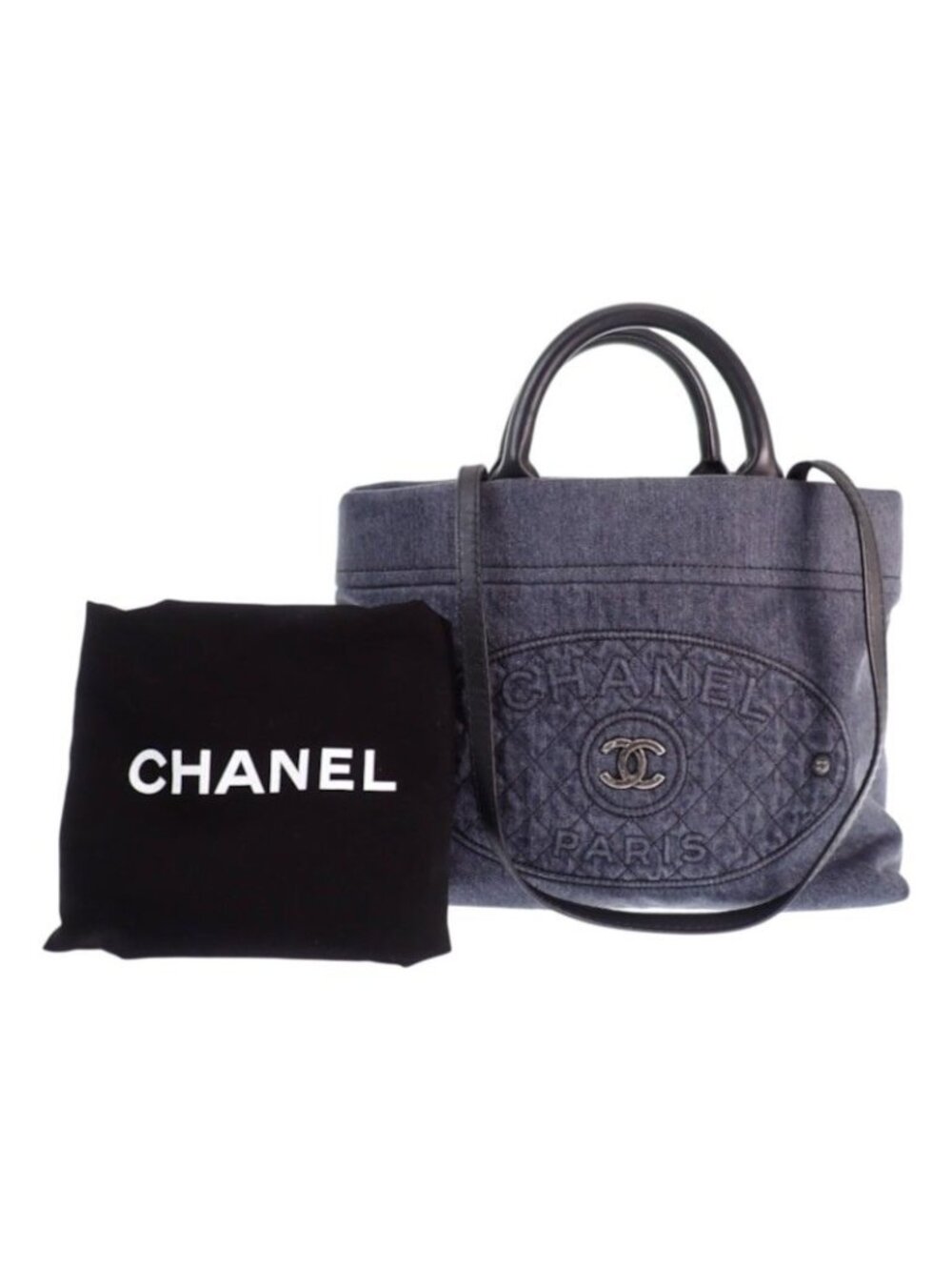 Chanel CC Logo Quilted Tote Bag Denim Leather Black Silver